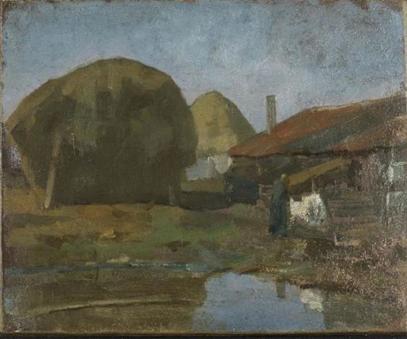 Covoni di fieno, fabbricato agricolo e contadina con il bucato - Kunstmuseum Den Haag